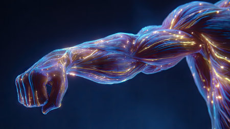 This image showcases a digitally created human arm with a striking visual style. The arm, rendered in shades of blue and purple, features illuminated internal structures in golden tones. The composition and lighting create a sense of depth. Suitable for scientific, educational, and conceptual projects.の素材