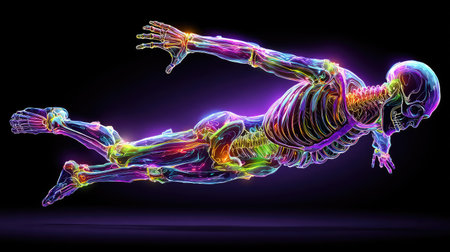 An artistic illustration presents a human skeleton in a dynamic pose, rendered with vibrant, multicolored lighting effects. The image showcases the skeletal structure in a glowing, almost neon-like fashion against a dark backdrop. Suitable for educational materials, medical visualizations, or abstract designs. Ideal for commercial applications.の素材