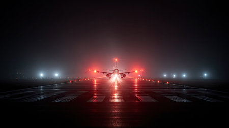 An airplane prepares for takeoff at night. The image displays the aircraft with bright red and white lights. The wet runway surface reflects the lights creating a dramatic scene. Suitable for aviation, transportation, or travel-related publications and commercial projects.の素材