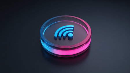 A glowing wireless symbol is presented in a circular design against a dark background. The image showcases a futuristic style with vibrant blue and pink neon lighting effects. The smooth, glossy texture and composition suggest digital design for use in technology advertising or editorial content.の素材