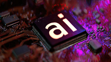 A close-up view presents an artificial intelligence chip. The chip's surface is illuminated with the letters 'ai'. Dark circuits and components are around the chip. The image utilizes vibrant colors and emphasizes digital technology. Suitable for use in articles discussing innovation and technological advancements.の素材