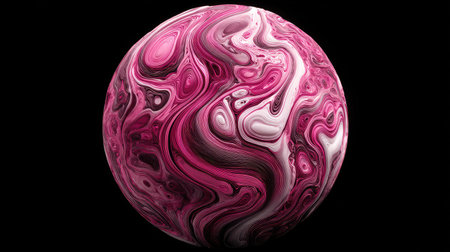 An isolated sphere features a vibrant mix of swirling pink and white patterns against a dark backdrop. The image utilizes a smooth, abstract style with dynamic color contrast and gradients. Suitable for various design projects, it could enhance visual elements in commercial and artistic applications.の素材