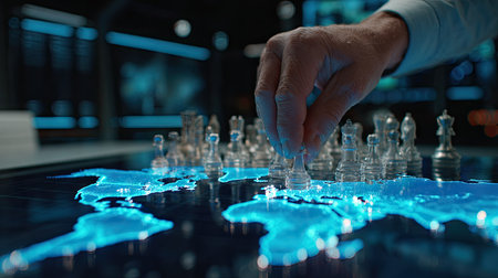 A close-up view depicts a hand moving a chess piece over a detailed, illuminated world map. The scene features a modern, blurred background and a tabletop arrangement. The image conveys a strategic theme with cool blue tones, suggesting global interconnectedness. Suitable for commercial concepts emphasizing strategy, planning, and international business.の素材