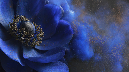 This close-up showcases a vivid blue flower, its petals exhibiting intricate textures. Surrounding the flower is a dreamy, blurred bokeh effect with hints of gold, creating an ethereal aesthetic. The image, with its dramatic lighting, lends itself well for use in promotional materials or editorial content.の素材