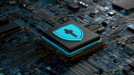 This image showcases a close-up of a computer chip, centered around a security icon. The chip, with its intricate circuitry, features a glowing shield and key symbol in vibrant blue. The composition, characterized by soft lighting and a shallow depth of field, is ideal for technology-related content. Suitable for various editorial and commercial applications.の素材