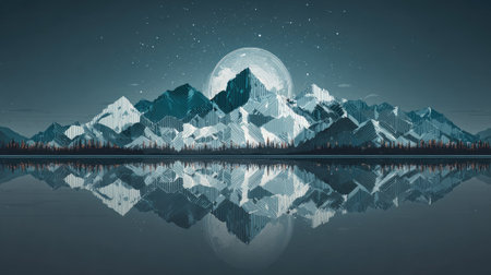 A tranquil scene features snow-capped mountains reflected in a still lake. The composition is symmetrical, with a large full moon positioned behind the mountain peaks. The color palette is primarily cool tones of blue and gray. This image could be used for various purposes, including print, digital media, or design projects.の素材