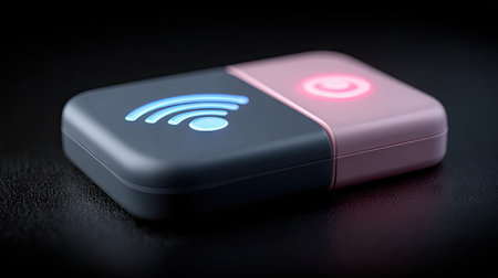 A close-up view depicts a split device with blue and red illuminated icons. The object features a smooth texture and a minimalist style, against a dark backdrop. The composition is likely for commercial and advertising purposes, or for representing technological concepts.の素材