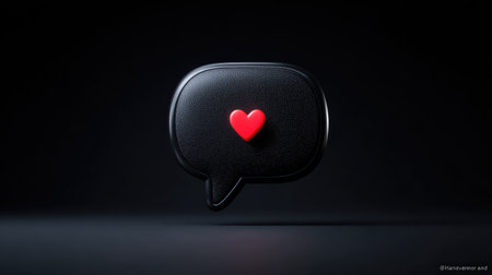 A dark speech bubble displays a vibrant red heart in this conceptual visual. The image features a smooth, reflective surface set against a black backdrop, with studio lighting emphasizing the form. Suitable for various applications, including website design and marketing materials, this image is suitable for commercial use.の素材