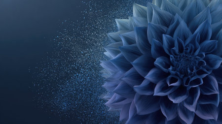 A close-up shot features a vibrant blue flower in full bloom, set against a dark, monochromatic backdrop. The detailed petals display a rich texture and gradient of colors. The composition provides ample copy space, making it suitable for various commercial uses.の素材