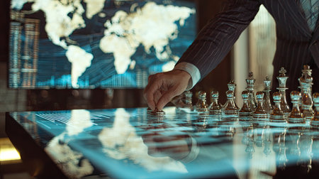 A close-up shot shows a man's hand moving a chess piece on a digital chessboard. The scene is illuminated by soft lighting, highlighting the pieces' details. A world map serves as a backdrop, suggesting global strategy. This image could be suitable for business presentations or conceptual illustrations.の素材