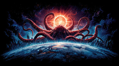 An illustration depicts a colossal octopus creature looming over a stylized depiction of planet Earth. The image features a vibrant color palette, with fiery reds and oranges contrasting against cool blues and purples. The composition suggests an otherworldly environment with dramatic lighting. Suitable for fantasy or science fiction themed projects.の素材