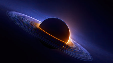 An artistic depiction presents a planetary object encircled by multiple rings. The scene emphasizes a vibrant, warm glow illuminating the edges of the planet. Set in a vast, dark environment, this composition offers potential for use in various visual projects, including scientific illustrations or thematic visuals.の素材