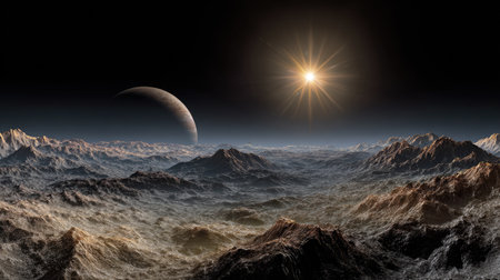 An artist's depiction presents a celestial vista with a bright sun and crescent moon above a rugged terrain. The foreground reveals a rocky, mountainous landscape, bathed in a soft glow. The composition utilizes a wide angle, with various textures and shadows that suggest an extraterrestrial environment, perfect for visual projects.の素材