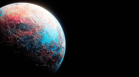 An artistic rendering showcases a distant planet with vibrant colors. The composition reveals a portion of the spherical form, accented with shades of blue, red, and white against a black backdrop. The scene suggests a cosmic environment, suitable for various editorial and commercial projects.の素材