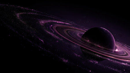 An artistic depiction presents a planetary object encircled by luminous rings set against a deep space backdrop. The image utilizes dark shades, with textures creating a sense of depth and dimension. This composition is suitable for scientific visualizations, educational materials, or creative projects related to astronomy and the cosmos.の素材