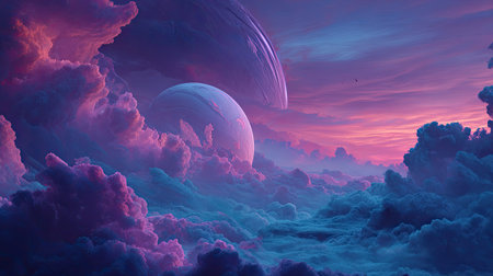 An ethereal scene depicts celestial bodies amidst swirling clouds bathed in vibrant hues. The composition features a gradient of colors from deep purple to soft pink and blue. The visual style evokes a sense of fantasy and could be suitable for various creative or illustrative applications. The lighting suggests an otherworldly atmosphere.の素材