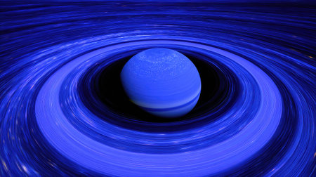 A digital rendering presents a celestial sphere with a vibrant blue hue, encircled by concentric, swirling patterns of energy against a dark backdrop. The composition showcases dynamic movement and contrast, highlighting the planet's spherical form. This artwork can be utilized for various commercial purposes, including science-themed projects and digital art.の素材