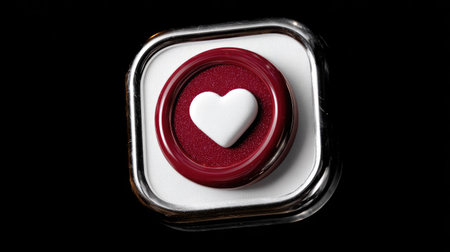 This image presents a heart icon enclosed within a red circle and a metallic frame. The composition features a black background which highlights the central element. The heart is white, providing contrast, while the overall design lends itself to various digital applications, potentially for use in graphic design projects or web design.の素材