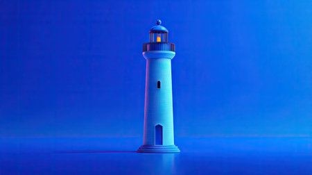 A digital illustration showcases a stylized lighthouse centered against a blue gradient. The white tower features a light at the top, suggesting nighttime. The composition emphasizes simplicity and clean lines, with a minimalist aesthetic. This image could be used for various design projects, including digital content or editorial layouts.の素材