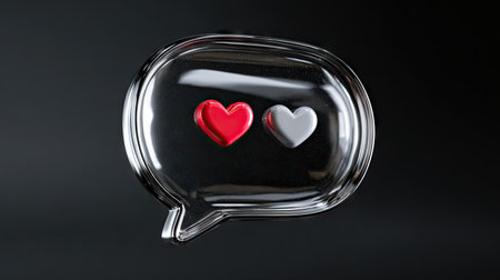 A glass-like chat bubble features two hearts, one red and one white, floating against a dark backdrop. The image utilizes reflective surfaces and smooth gradients. The composition suggests a concept of communication and affection, ideal for various digital design applications and editorial content.の素材