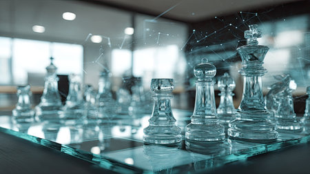 A close-up view presents clear chess pieces arranged on a glass board. The composition features soft lighting and a blurred background suggesting an indoor environment. An overlay of digital lines and nodes creates a futuristic look. Suitable for illustrating strategy or technology related concepts, and potentially editorial use.の素材