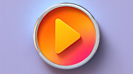 This image presents a play button icon, centrally positioned against a gradient background. The button features a three-dimensional effect with bright orange and yellow hues, framed by a silver border. The composition suggests digital media and entertainment, suitable for advertising, websites, or design projects. The smooth lighting adds visual appeal for various commercial applications.の素材