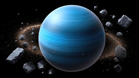 A detailed illustration presents a large blue planet set against a black backdrop. Scattered around are numerous gray asteroids and a glowing golden ring. The composition features a central focus with soft lighting, suggesting a sense of wonder. Suitable for scientific, educational, and creative projects.の素材