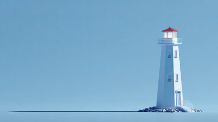 A tall white lighthouse stands prominently against a uniform blue background. The structure features a red roof, with the light emitting a soft glow. The composition uses simple forms and a minimalist style. The image suggests concepts of safety and guidance, suitable for various design projects.の素材