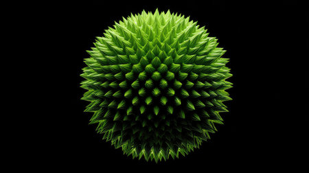 A striking visual features a sphere-shaped object with a vibrant green hue and a dense, spiky texture. The composition is set against a stark black backdrop, creating a high-contrast effect. The image is likely suitable for scientific illustrations, abstract concepts, or use in design projects. Its clean style allows for versatile application in various commercial or editorial contexts.の素材