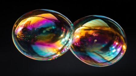 Two translucent soap bubbles are featured against a dark backdrop. The bubbles exhibit a spectrum of colors including yellow, orange, green, and purple, likely from light refraction. The composition employs macro photography techniques. Ideal for science, abstract, or creative projects, this image offers visual interest with vibrant hues and textures.の素材