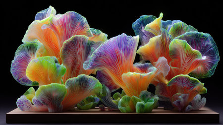 This image showcases an array of brightly colored fungi, possibly mushrooms, set against a dark backdrop. The composition highlights a spectrum of hues, including orange, purple, and green. It could be used for various commercial or editorial purposes, such as illustrating articles or adding visual interest to design projects.の素材