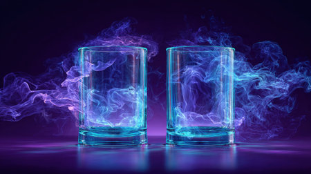 Two identical transparent glasses are presented against a dark background, highlighted by dynamic wisps of blue and purple smoke. The composition uses a symmetrical arrangement and focuses on the interplay of light and shadow, and vibrant colors. This could be useful in concepts related to art and design.の素材