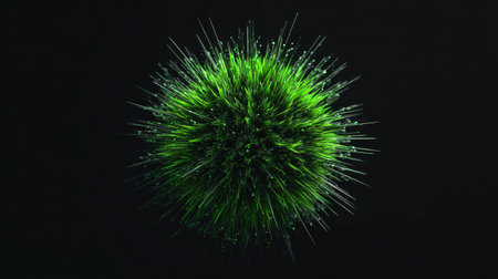 A close-up captures a bright green, spherical object covered in tiny water droplets, creating a sparkling effect. The object is set against a stark, black backdrop, enhancing its luminosity. The visual style features soft textures and natural lighting. This image could be used for various commercial or editorial purposes.の素材