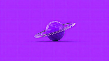 This image features a stylized planet with rings, rendered in shades of purple against a solid backdrop. The composition is simple, with a single subject centrally positioned, emphasizing its form. The visual style is clean and modern, suggesting use in various design projects for commercial and editorial applications.の素材
