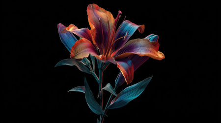 A close-up captures a blooming lily, showcasing vivid colors across its petals and leaves. The composition highlights the flower against a stark black backdrop. Its style presents a high contrast. Ideal for illustrating themes of beauty, nature, or artistic design, it is suitable for various commercial or decorative applications.の素材