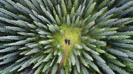 An overhead perspective reveals two individuals standing in a natural clearing surrounded by lush evergreen trees. The symmetrical arrangement creates a textured, radial pattern in various shades of green, suggesting a dense outdoor environment. This image could be suitable for environmental, travel, or conceptual projects.の素材