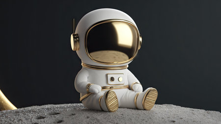 A stylized astronaut figure is seated on a textured surface, possibly representing a lunar landscape. The figure features white and gold coloring, creating a striking contrast against a dark background. This image has a modern aesthetic, and could be utilized in commercial projects or editorial content.の素材