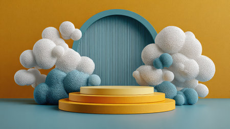 This image presents a 3D rendered scene featuring a tiered yellow stage and abstract fluffy clouds against a textured blue backdrop. The composition is well-lit, with a focus on vibrant colors and soft textures. The artwork could be used in advertising, product promotion, or artistic illustrations.の素材