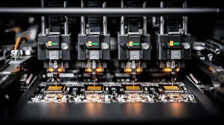 An overhead shot shows a robotic assembly process, meticulously placing components onto a circuit board. The image features a high-tech setting with a close-up focus on machinery and small electronic parts. This visual could be used in various commercial or illustrative projects.の素材