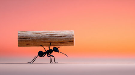 An ant is depicted lifting a wooden log against a vibrant gradient backdrop. The scene showcases a miniature creature engaged in an act of labor. The image features a shallow depth of field, with soft lighting enhancing the textures of the wood and insect. Suitable for use in various commercial applications.の素材