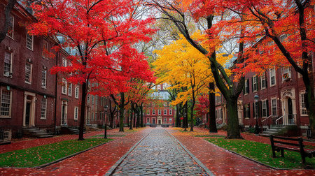 An autumn scene features vibrant red and yellow foliage framing a brick walkway between buildings. The composition showcases detailed textures and a colorful display under daylight. This image could be used for editorial content, background graphics or marketing campaigns to evoke an autumnal ambiance.の素材