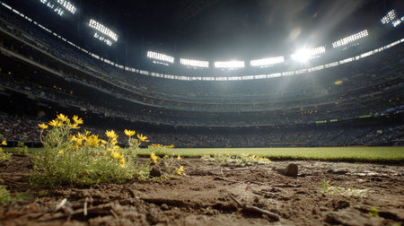 A baseball stadium interior is seen, with bright sunlight illuminating the field and seating. Wildflowers grow in the foreground on the earth. The composition highlights the juxtaposition of nature and structure. This image could be used for various commercial projects related to sports, events, or environmental concepts.の素材
