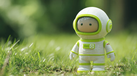 An astronaut toy is featured in a vibrant outdoor setting. The image showcases the toy in white and green, set against a blurred background of green grass and foliage. The composition employs natural lighting. This image is suitable for promotional materials, educational resources, and conceptual designs.の素材