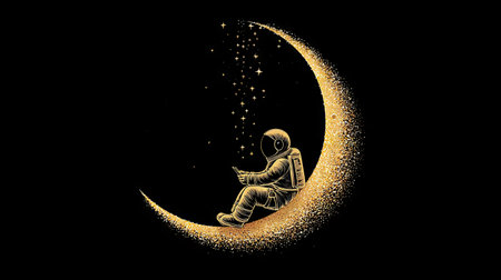 An astronaut is depicted seated on a golden crescent moon, rendered against a black backdrop. The artwork features a distinct illustration style with shimmering particles. The composition utilizes a contrasting color palette and suggests a cosmic environment. Suitable for various creative projects, including editorial design and promotional material.の素材