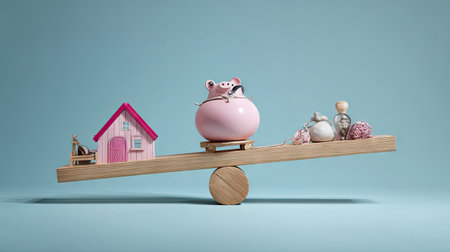 A conceptual image presents a balance between a miniature house, piggy bank, and stacks of coins on a wooden teeter-totter. The composition is set against a light blue backdrop, featuring overhead lighting. The visual style is clean and modern, potentially suitable for financial planning, real estate, or investment concepts.の素材