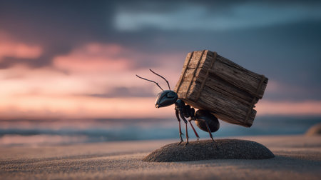 An ant diligently carries a wooden box across a sandy beach, silhouetted against a blurred seascape. The image displays warm colors from the sunset, with the focus on the ant's effort. The scene conveys diligence. Suitable for illustrations related to work, perseverance, and potentially motivational content.の素材
