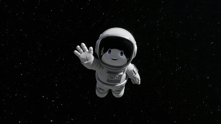 A cartoon astronaut character is shown floating against a dark, star-filled background. The image showcases a friendly, smiling spaceman in a white spacesuit. The scene employs a simple, graphic style with bright highlights creating a sense of wonder and exploring a vast environment. It can be utilized in various advertising or editorial projects.の素材