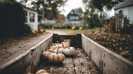 An outdoor image presents a wooden cart laden with pumpkins. The composition displays a rustic texture with autumnal colors. The lighting suggests daytime. This image may be suitable for illustrating themes such as fall harvest, seasonal events, or farm-to-table concepts, offering versatile commercial applications.の素材