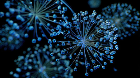 This image showcases an abstract composition featuring multiple blue spherical structures. The forms appear against a deep black backdrop, the composition utilizing selective focus. The aesthetic of the design highlights a sense of interconnectedness. This image could be suitable for various design, marketing and editorial purposes.の素材
