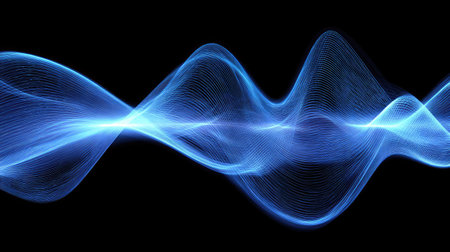 An abstract digital illustration showcases flowing blue waveforms against a stark black backdrop. The composition features smooth, curved lines suggesting sound or energy. The artwork employs a network-like texture and a glowing effect, implying scientific data visualization or sonic representation. This image suits various commercial applications, including editorial designs and visual concepts.の素材